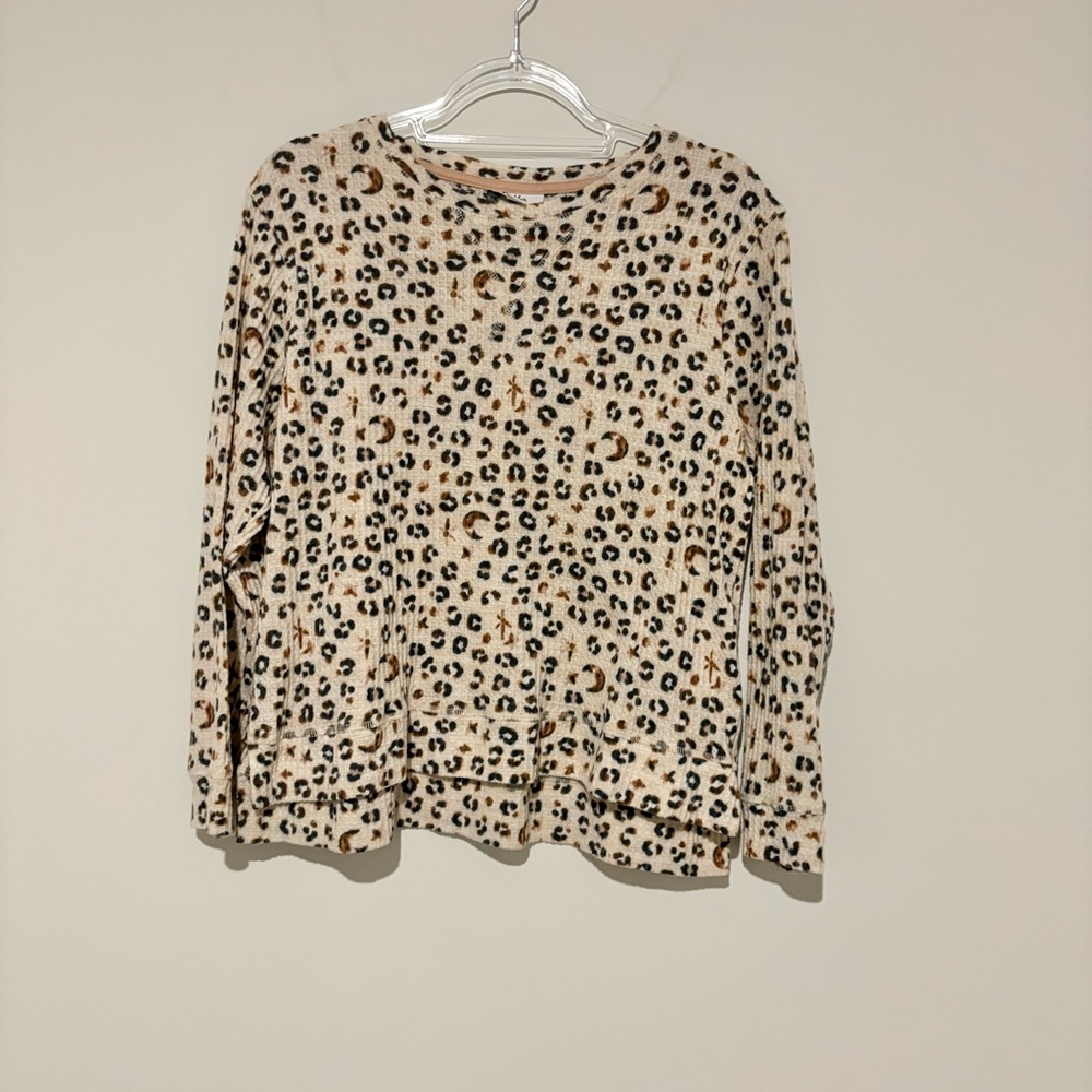 Roudelain‎ Animal Print cheetah waffle thermal Pajama Top tan brown size medium